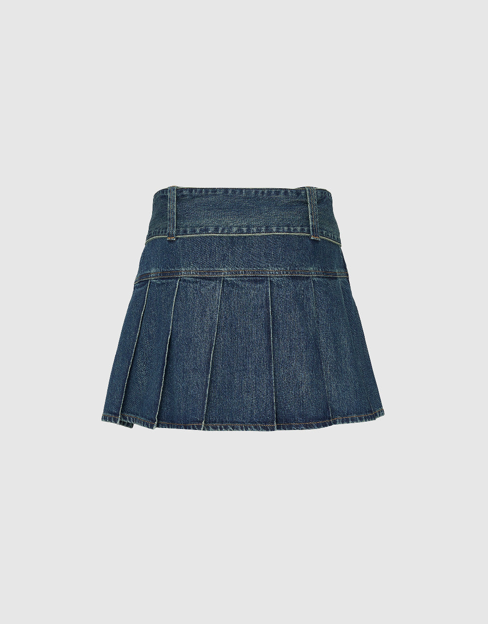 Pleated A-Line Denim Skirt With Belt