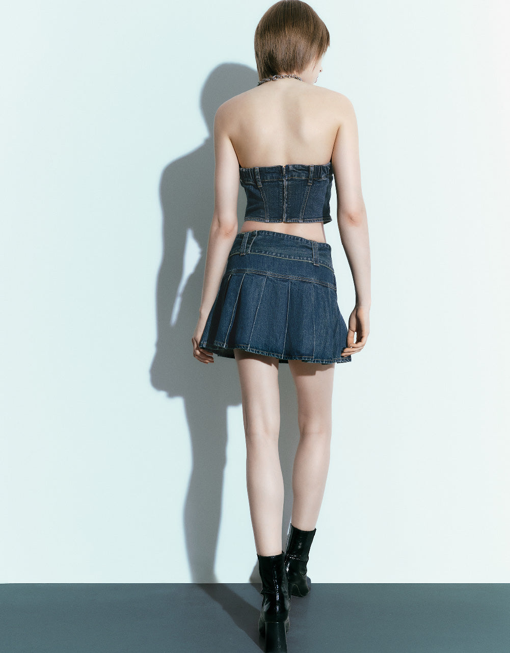 Pleated A-Line Denim Skirt With Belt