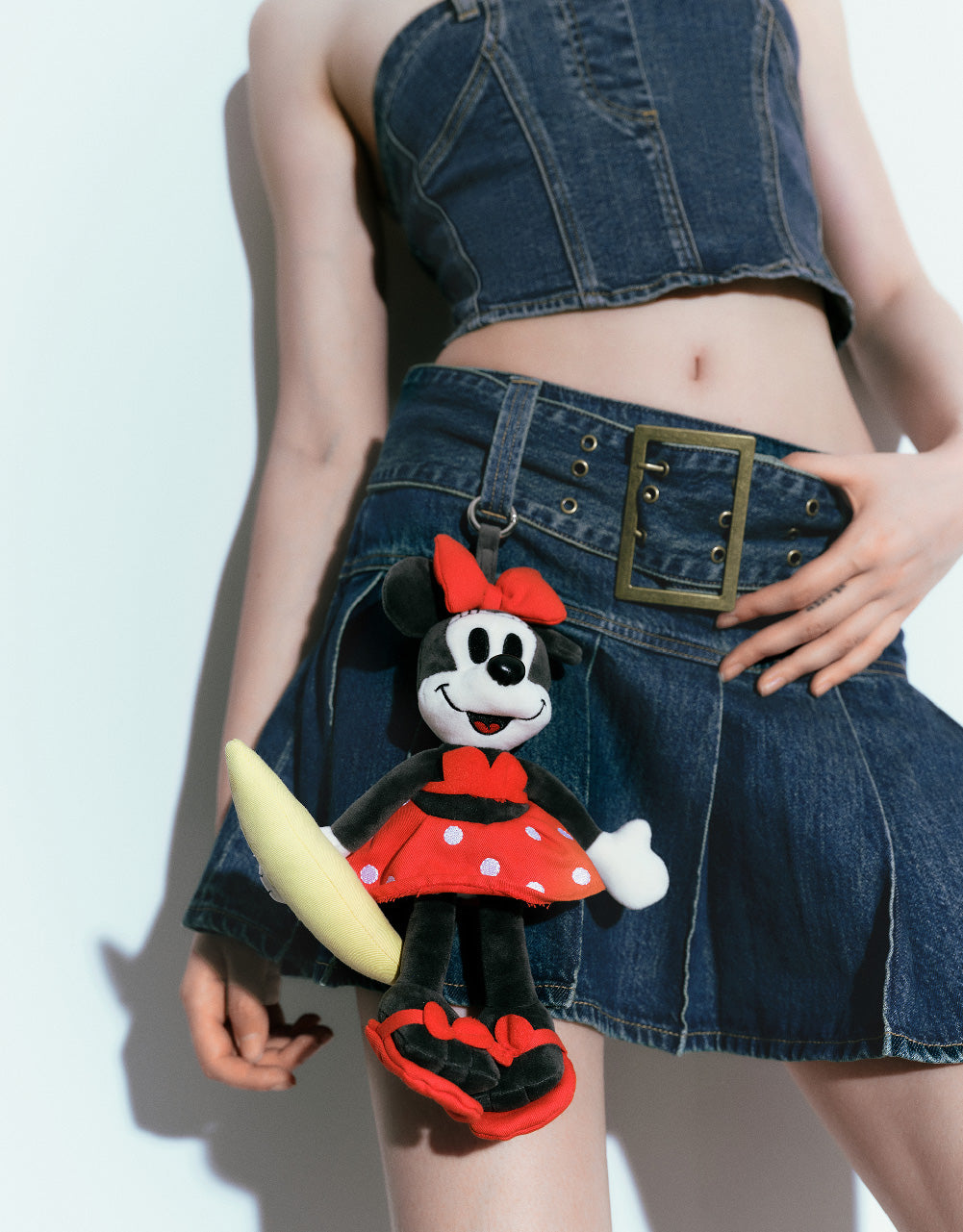 Pleated A-Line Denim Skirt With Belt