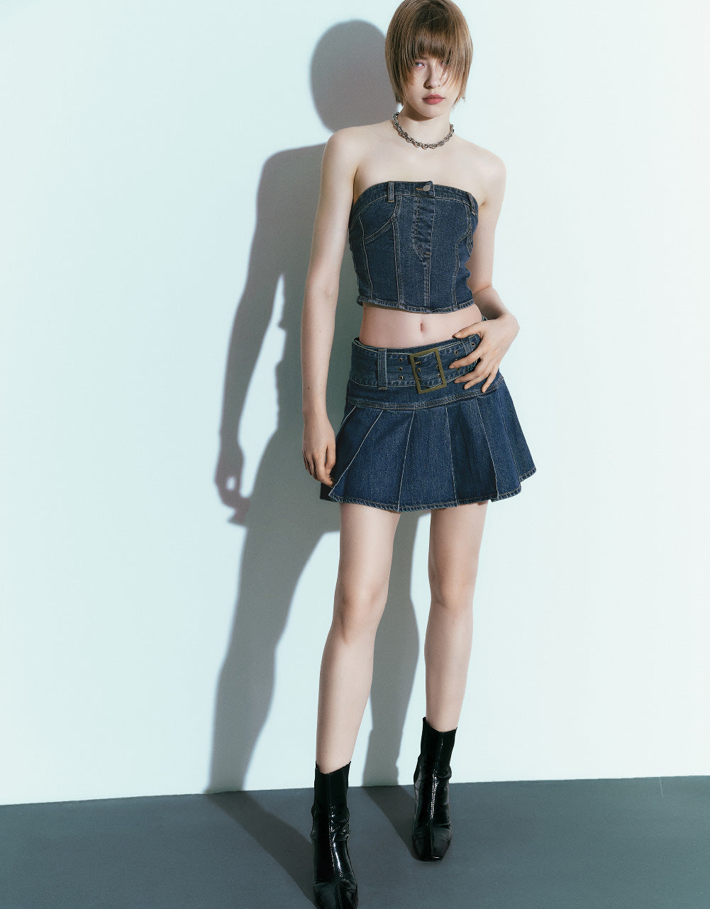Pleated A-Line Denim Skirt With Belt