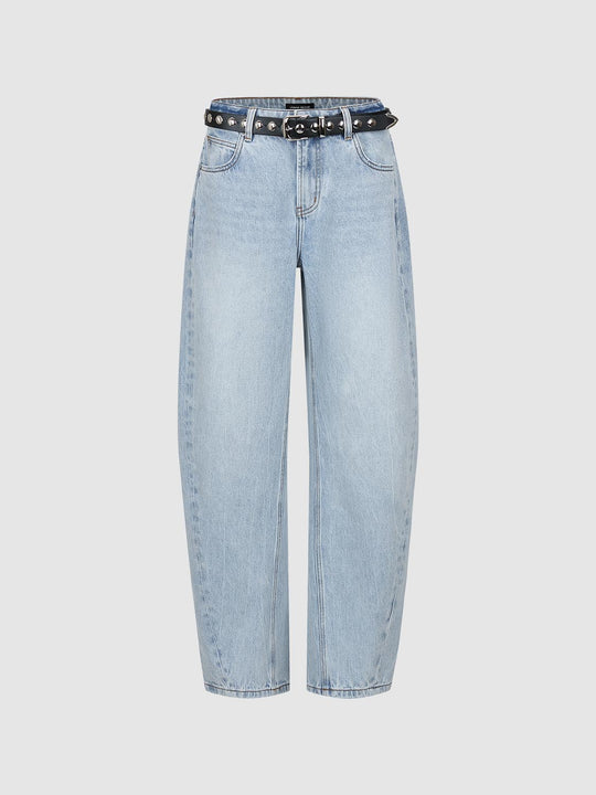 Belted Washed Barrel Leg Jeans