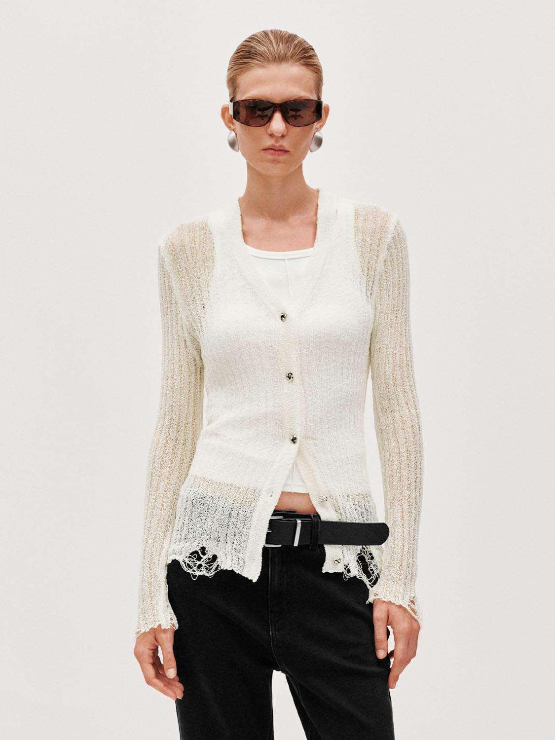 Ripped Hem V-Neck Knitted Cardigans