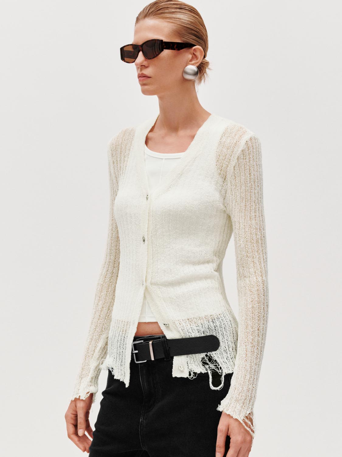 Ripped Hem V-Neck Knitted Cardigans