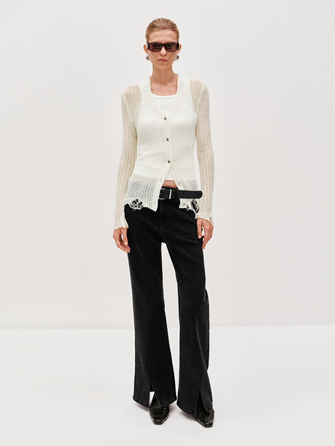 Ripped Hem V-Neck Knitted Cardigans