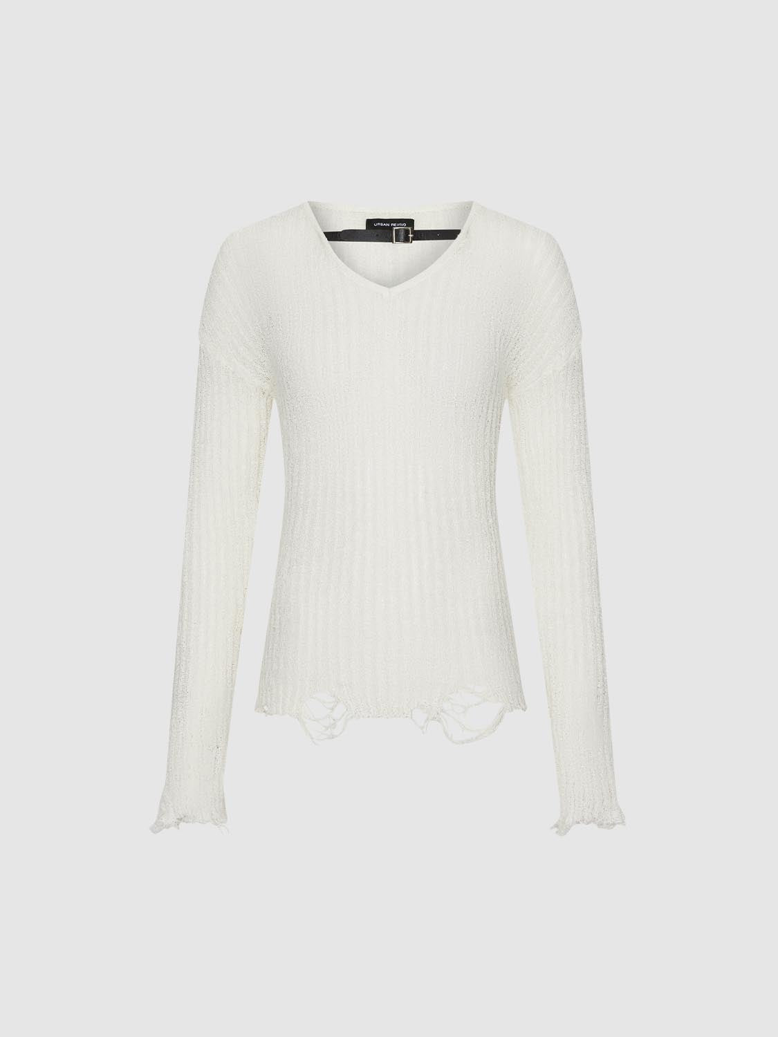 Ripped Hem Long Sleeve Knitted T-Shirts