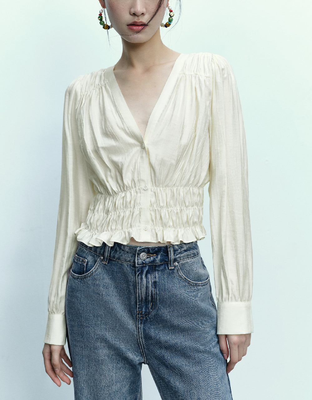 Button Up V-Neck Blouse