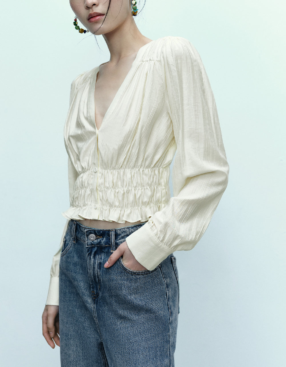Button Up V-Neck Blouse