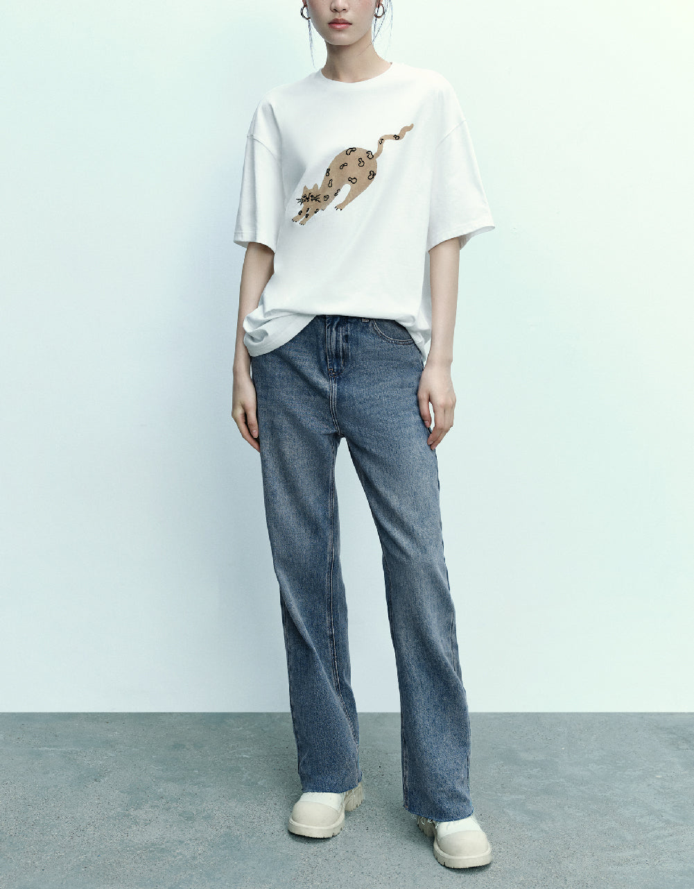 Cat Printed Crew Neck T-Shirt