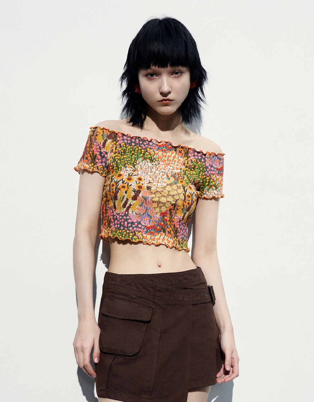 Floral Off-Shoulder Skinny T-Shirt