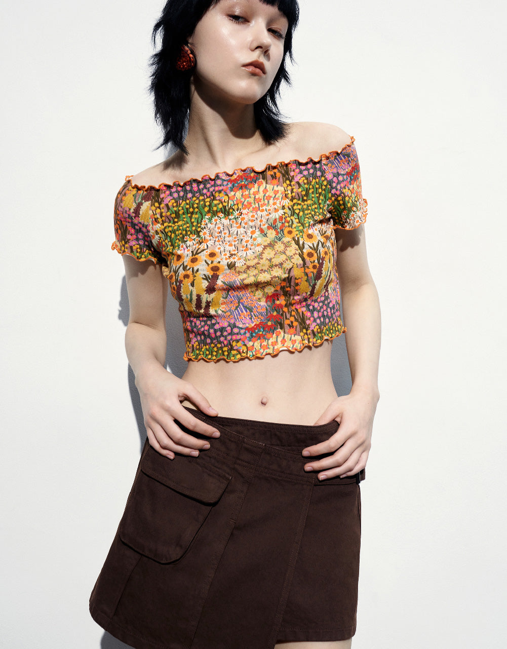 Floral Off-Shoulder Skinny T-Shirt