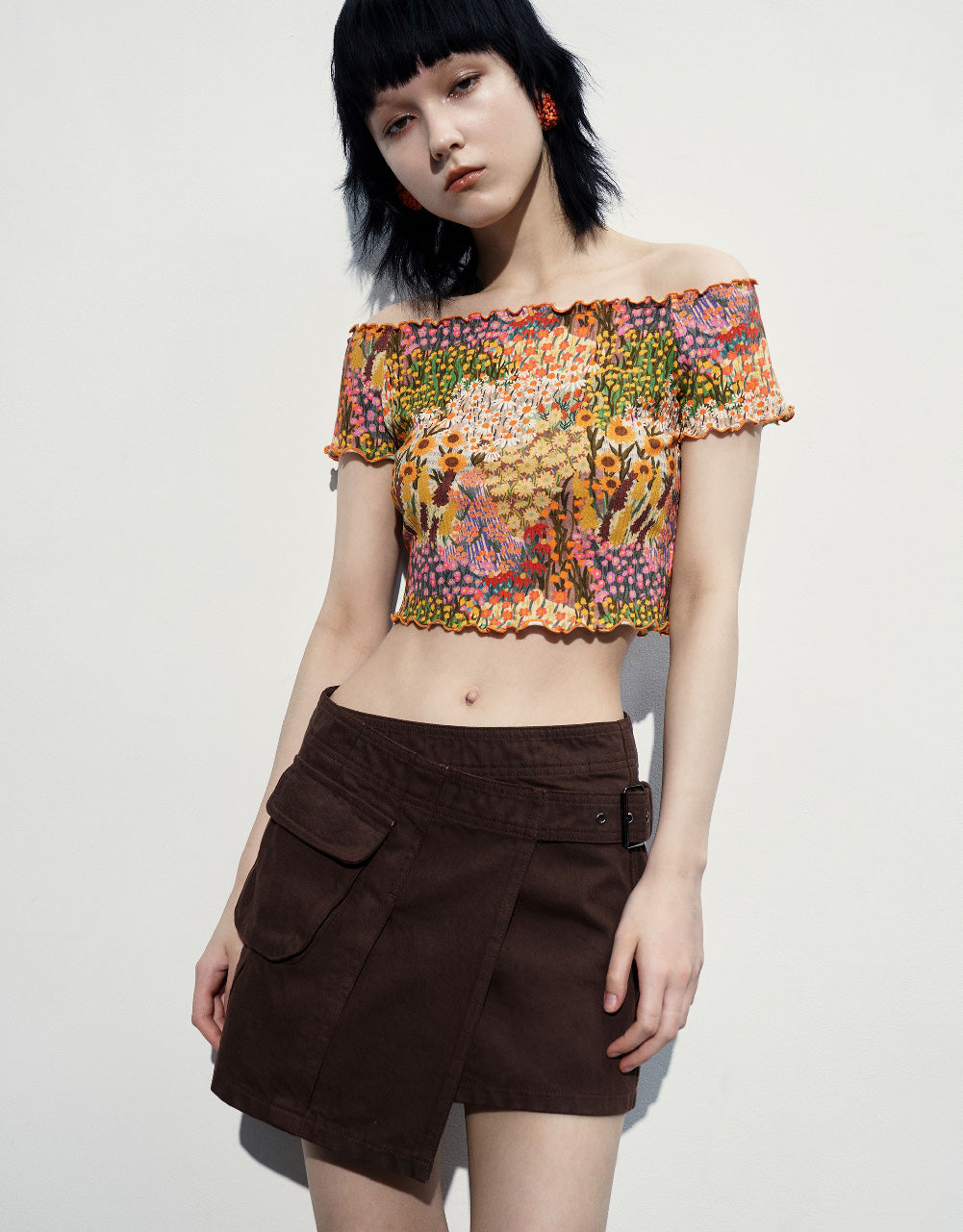 Floral Off-Shoulder Skinny T-Shirt