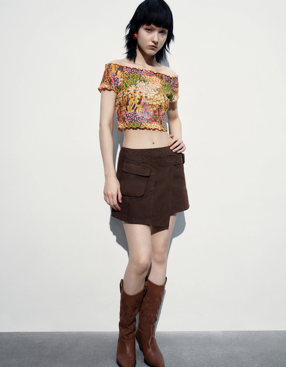 Floral Off-Shoulder Skinny T-Shirt