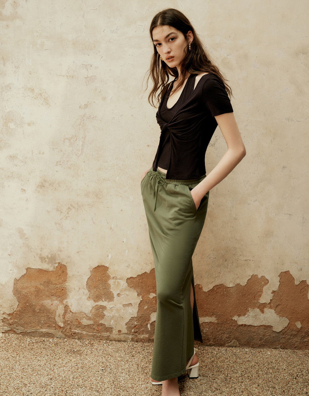 Drawstring Waist A-Line Skirt