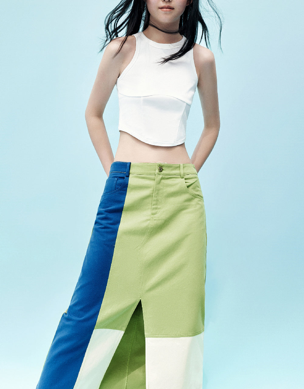 Split Hem Colorblocks A-Line Skirt