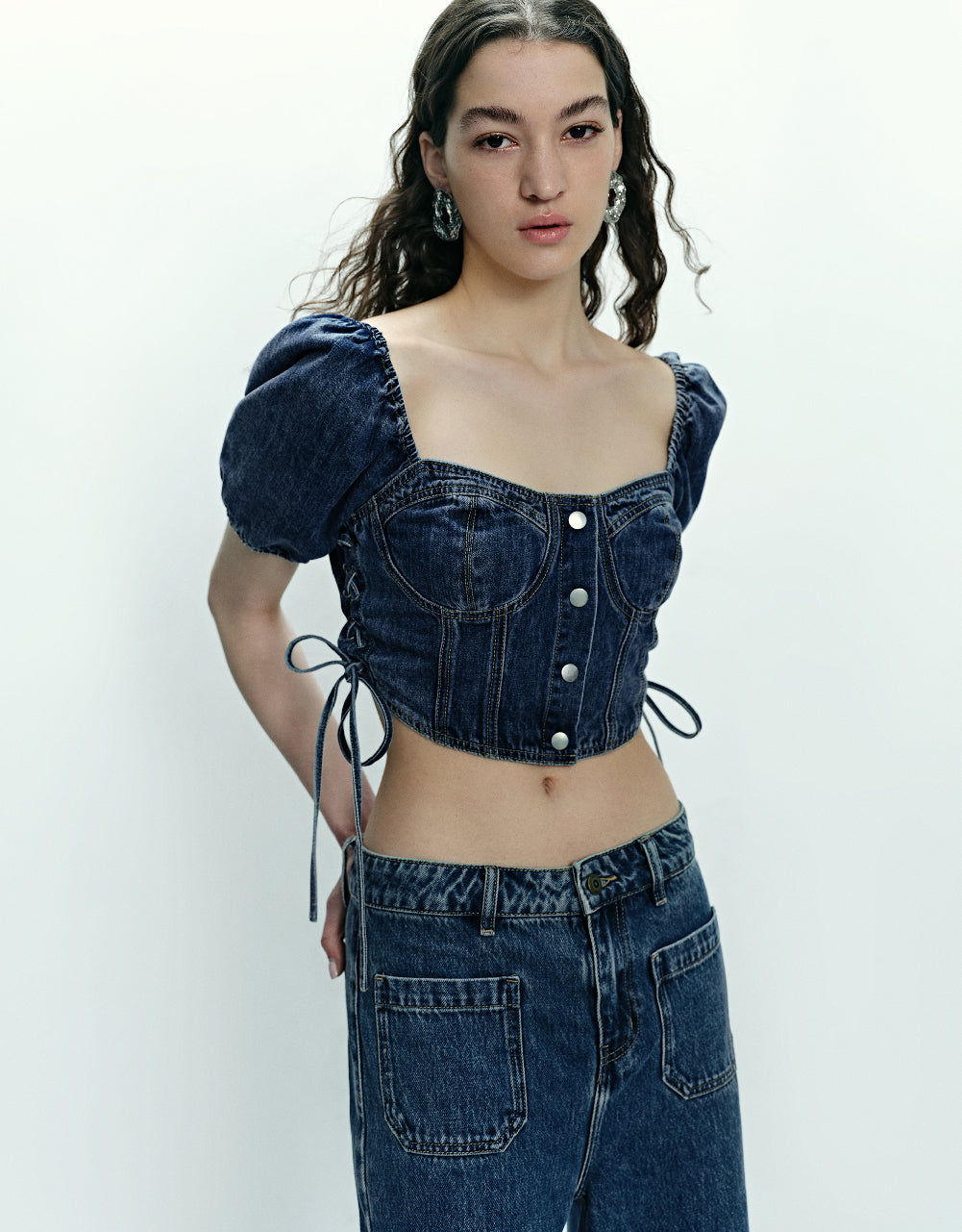 Square-cut Collar Denim Shirt