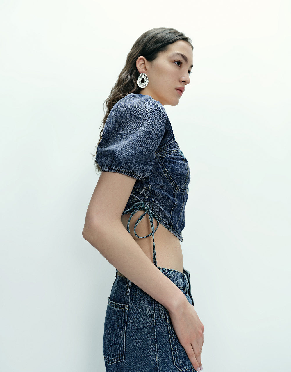 Square-cut Collar Denim Shirt