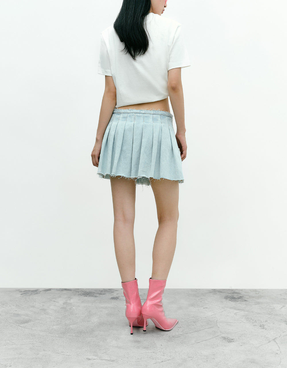 Raw Hem Pleated Mini Denim Skirt