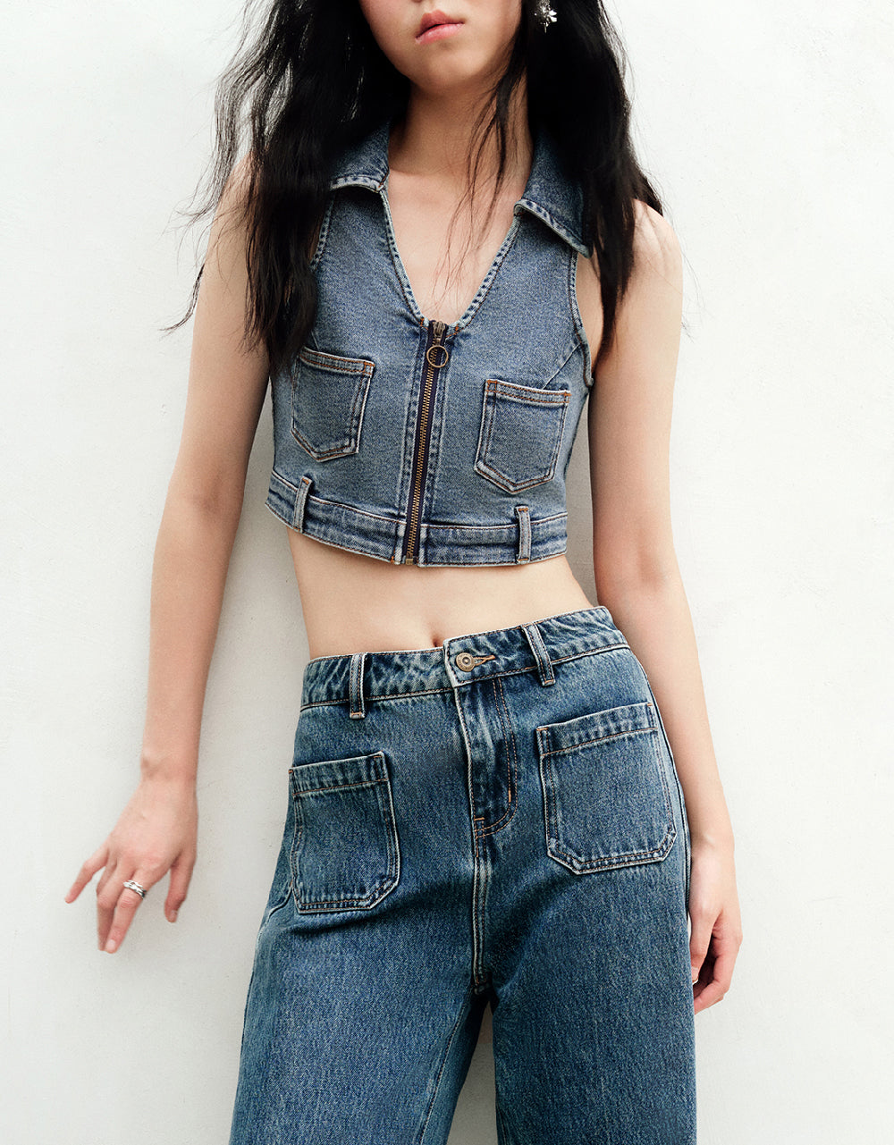 Halter Neck Lapel Denim Vest