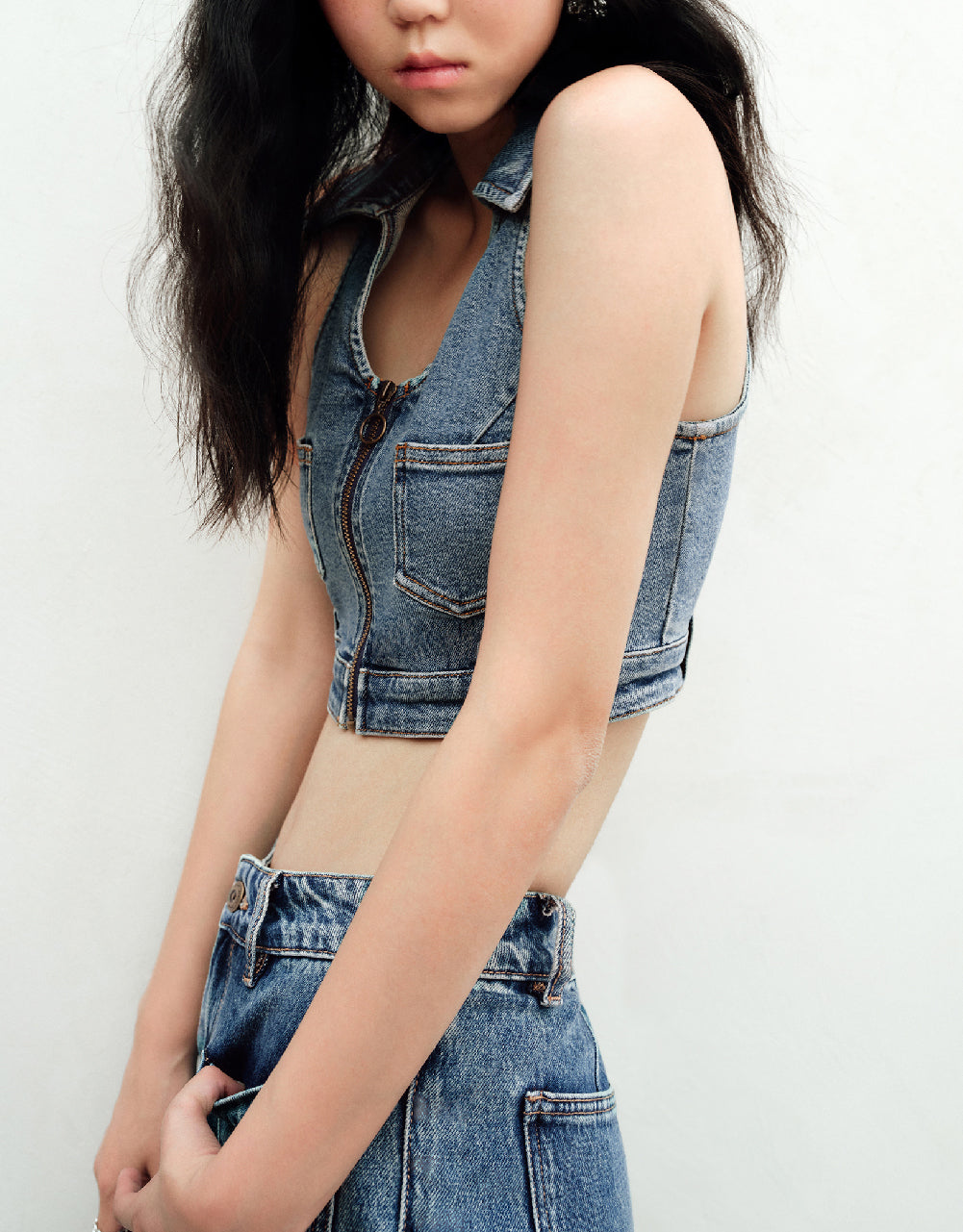 Halter Neck Lapel Denim Vest
