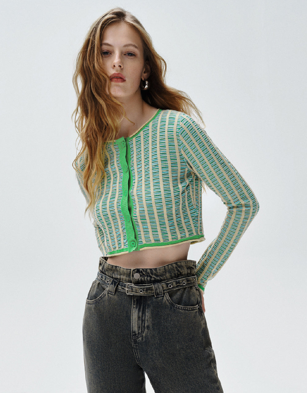 Striped Crew Neck Knitted Cardigan