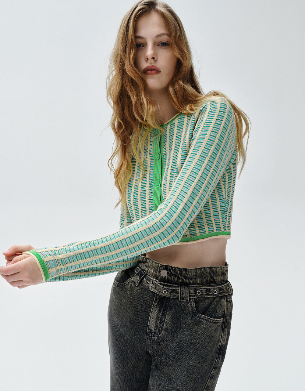 Striped Crew Neck Knitted Cardigan