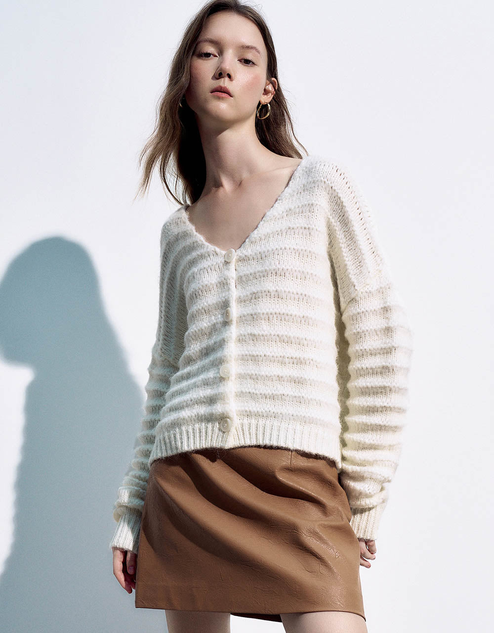 Puff Sleeve V-Neck Knitted Cardigan