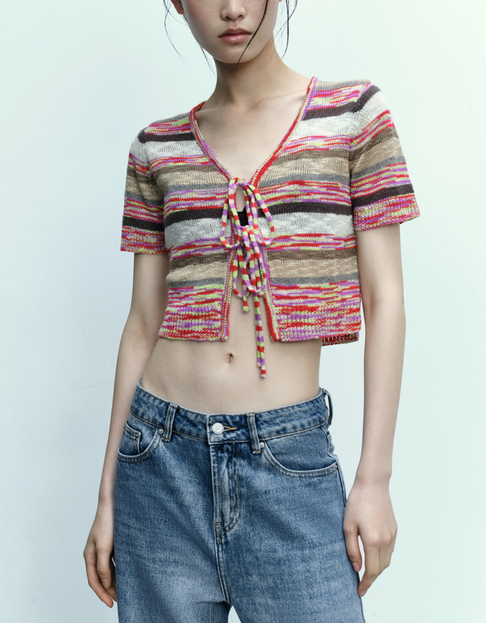 Striped Tie Front Knitted Cardigan