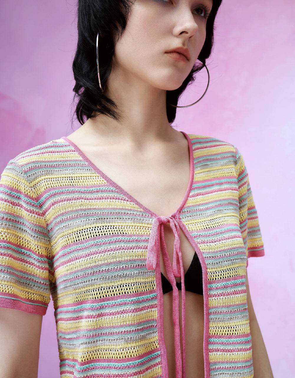 Tie Front Striped Knitted Cardigan