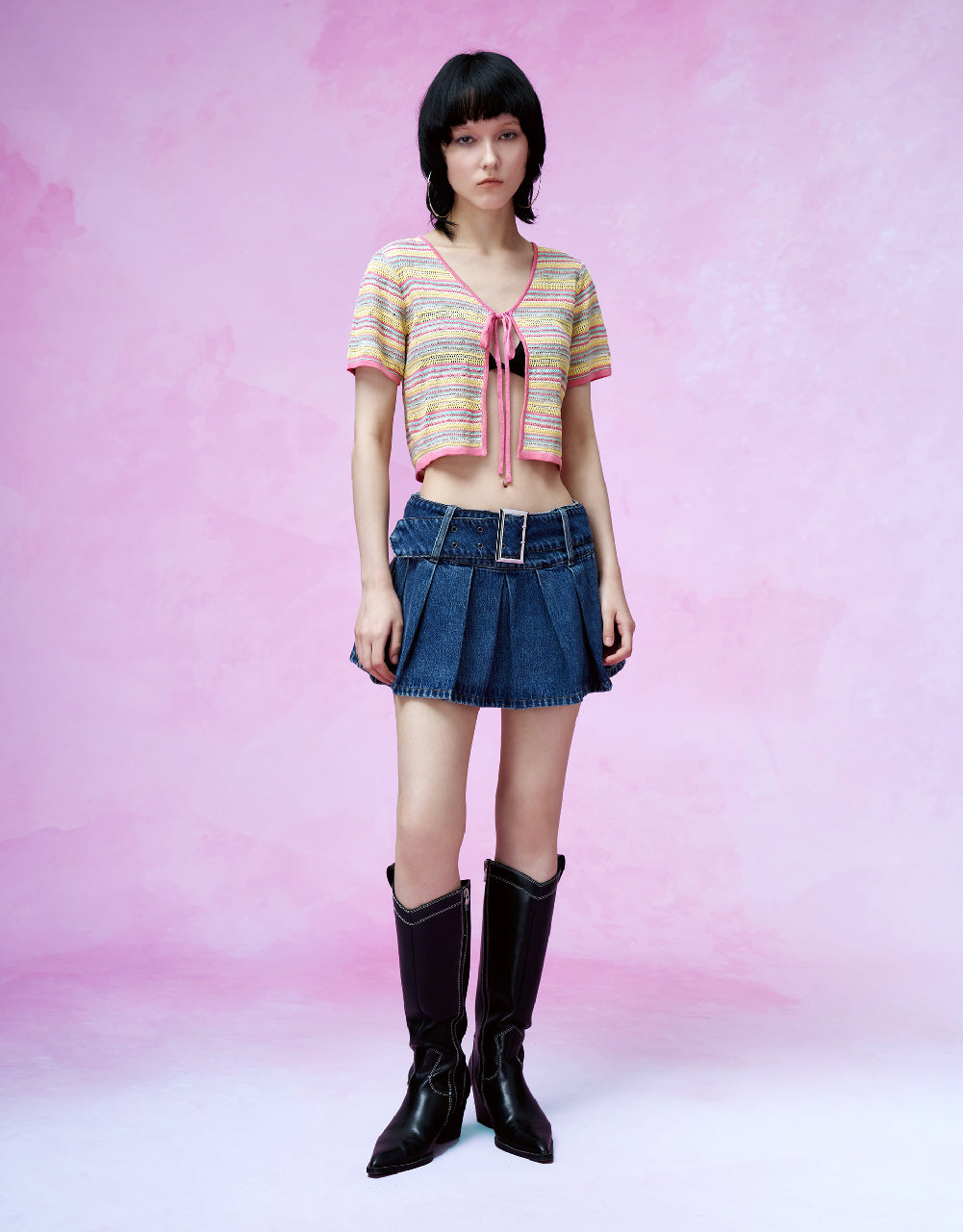 Tie Front Striped Knitted Cardigan