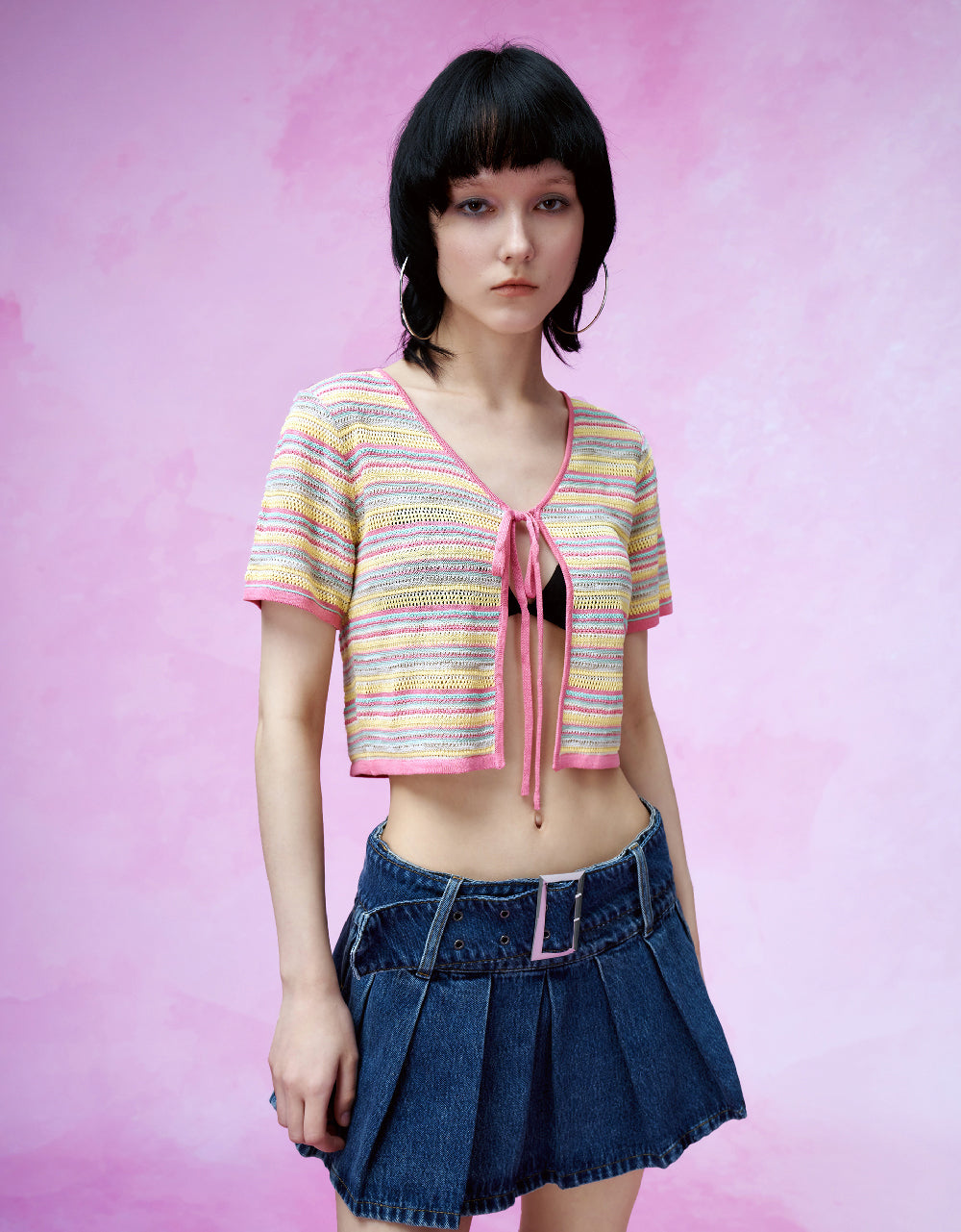 Tie Front Striped Knitted Cardigan