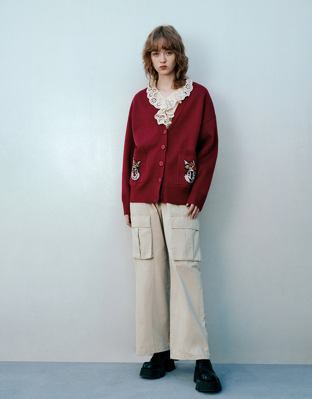 Drop Shoulder Sleeve V-Neck Knitted Cardigan