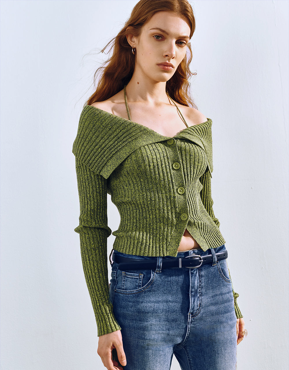 Halter Neck Off-Shoulder Knitted Cardigan
