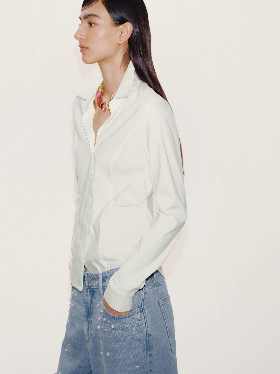 เสื้อเชิ้ตเอวเข้ารูปผ้าลินินผสม