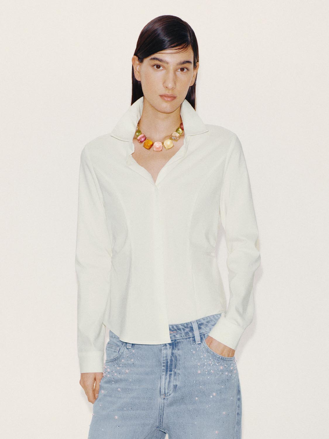 เสื้อเชิ้ตเอวเข้ารูปผ้าลินินผสม