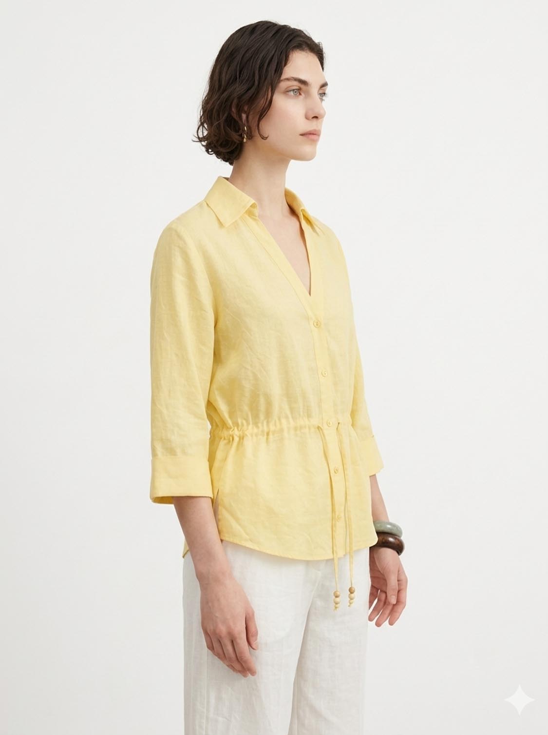 เสื้อโปโลคอวีผ้าลินินผสม ทรงหลวม