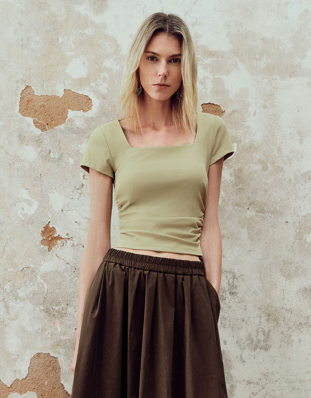 Ruched Square-cut Collar T-Shirt