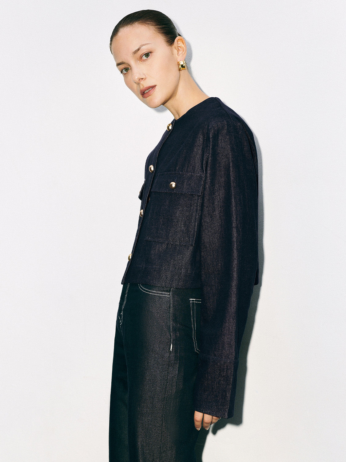 Button Up Crew Neck Loose Denim Jacket
