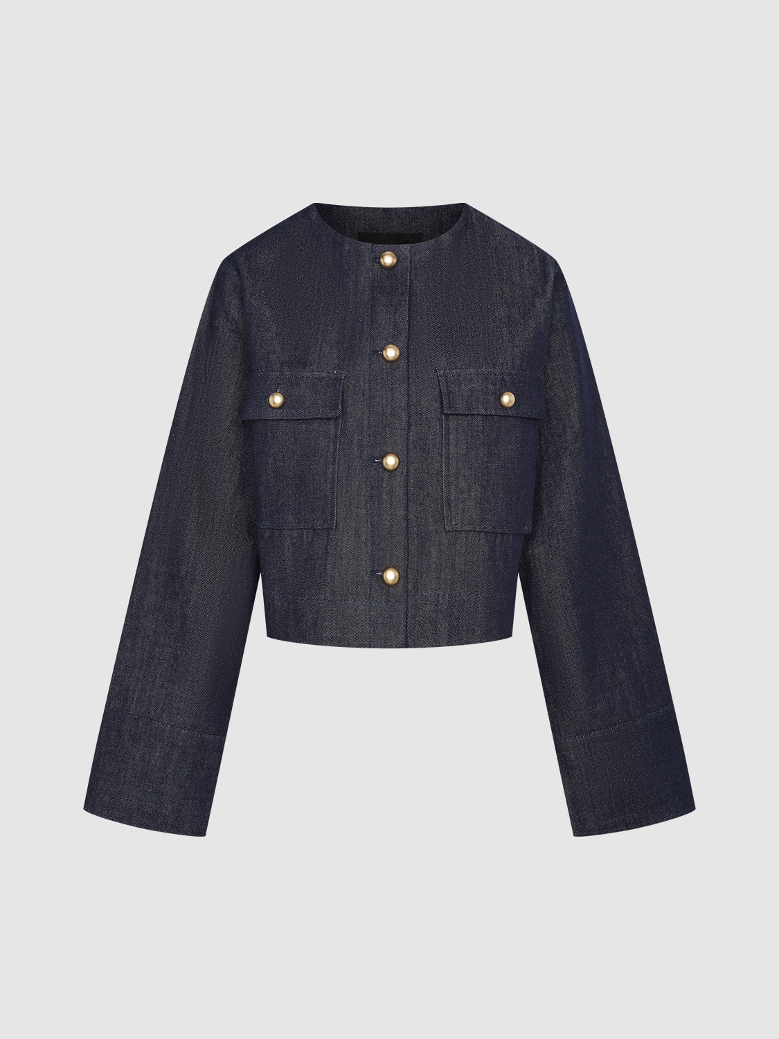Button Up Crew Neck Loose Denim Jacket
