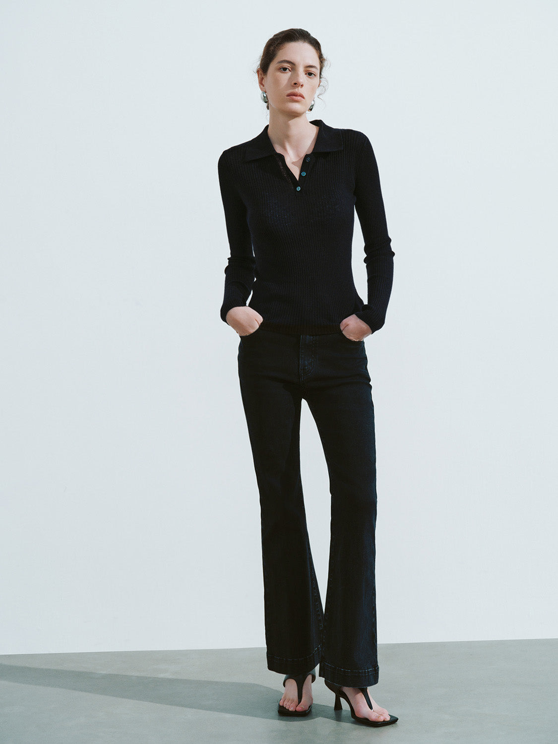 Button Half Placket Knitted Skinny T-Shirt