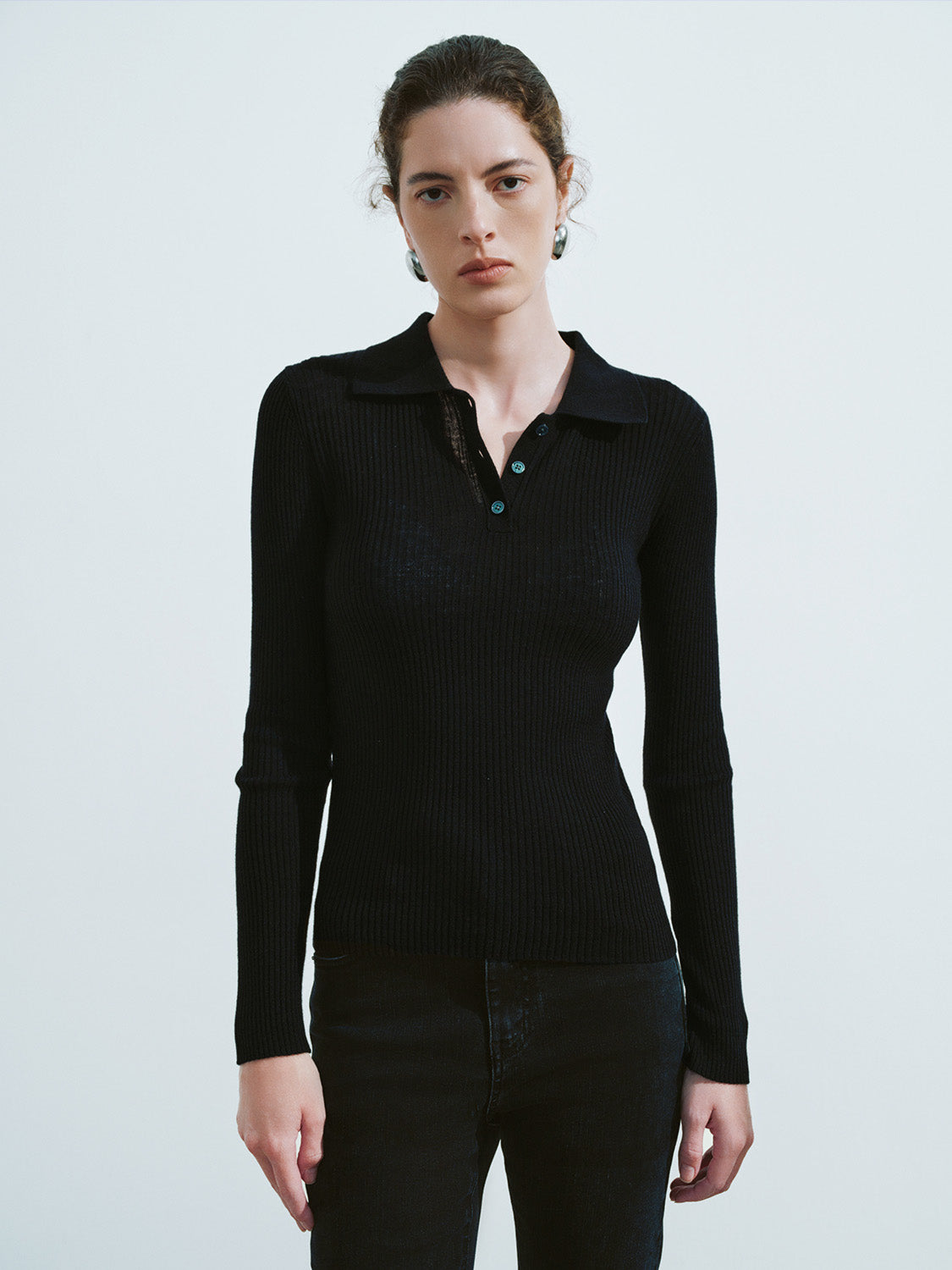 Button Half Placket Knitted Skinny T-Shirt