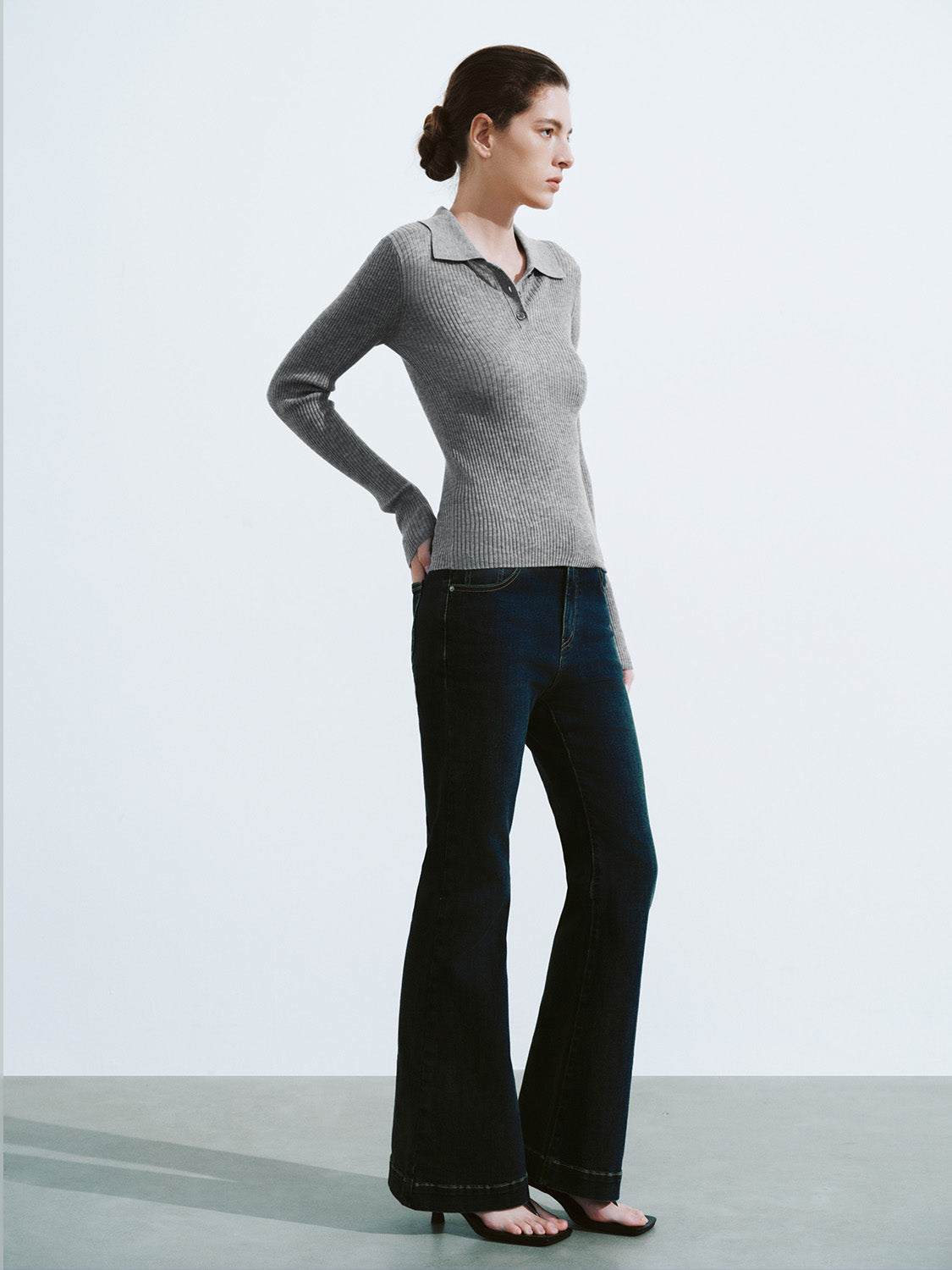 Button Half Placket Knitted Skinny T-Shirt