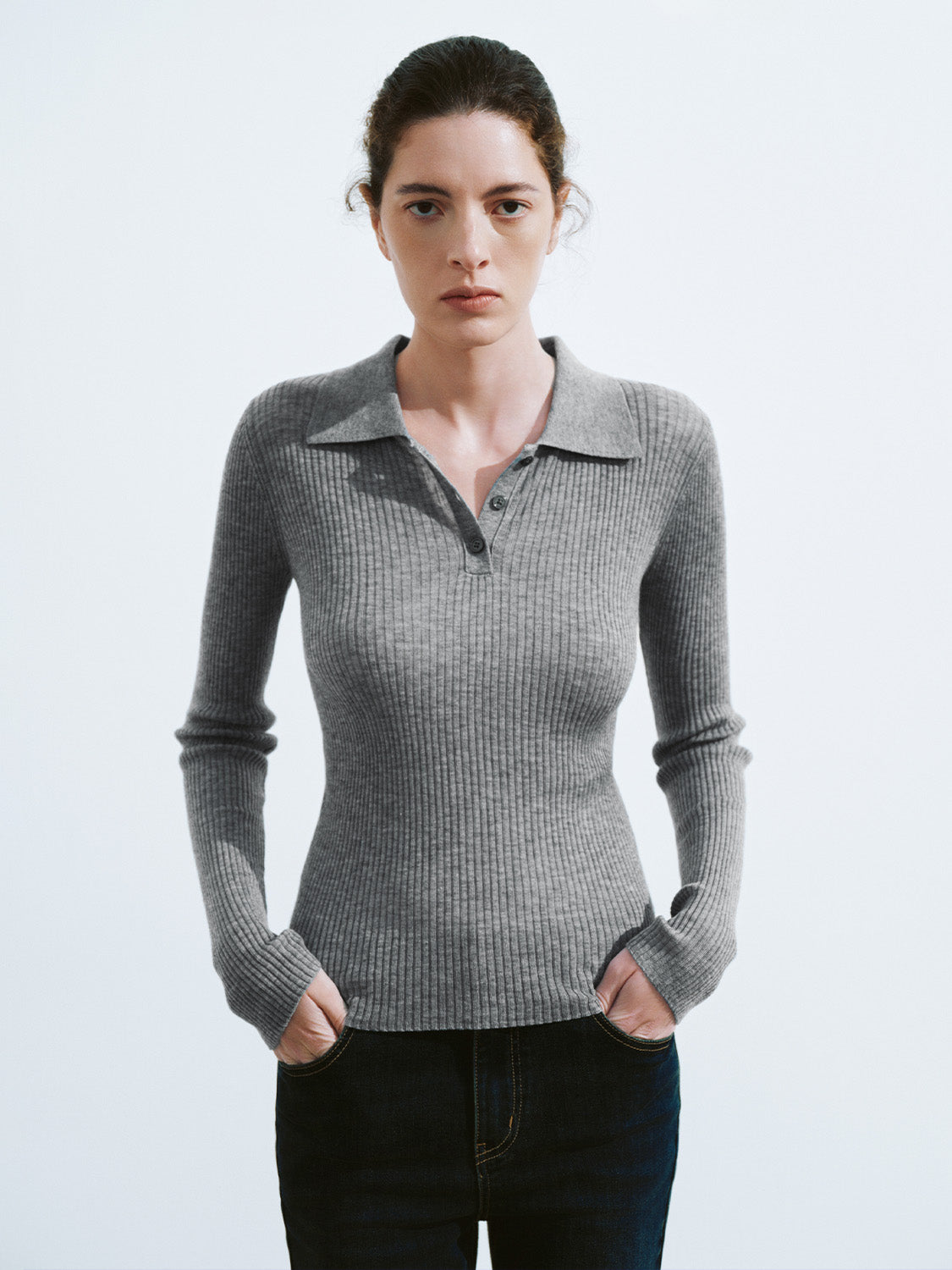 Button Half Placket Knitted Skinny T-Shirt