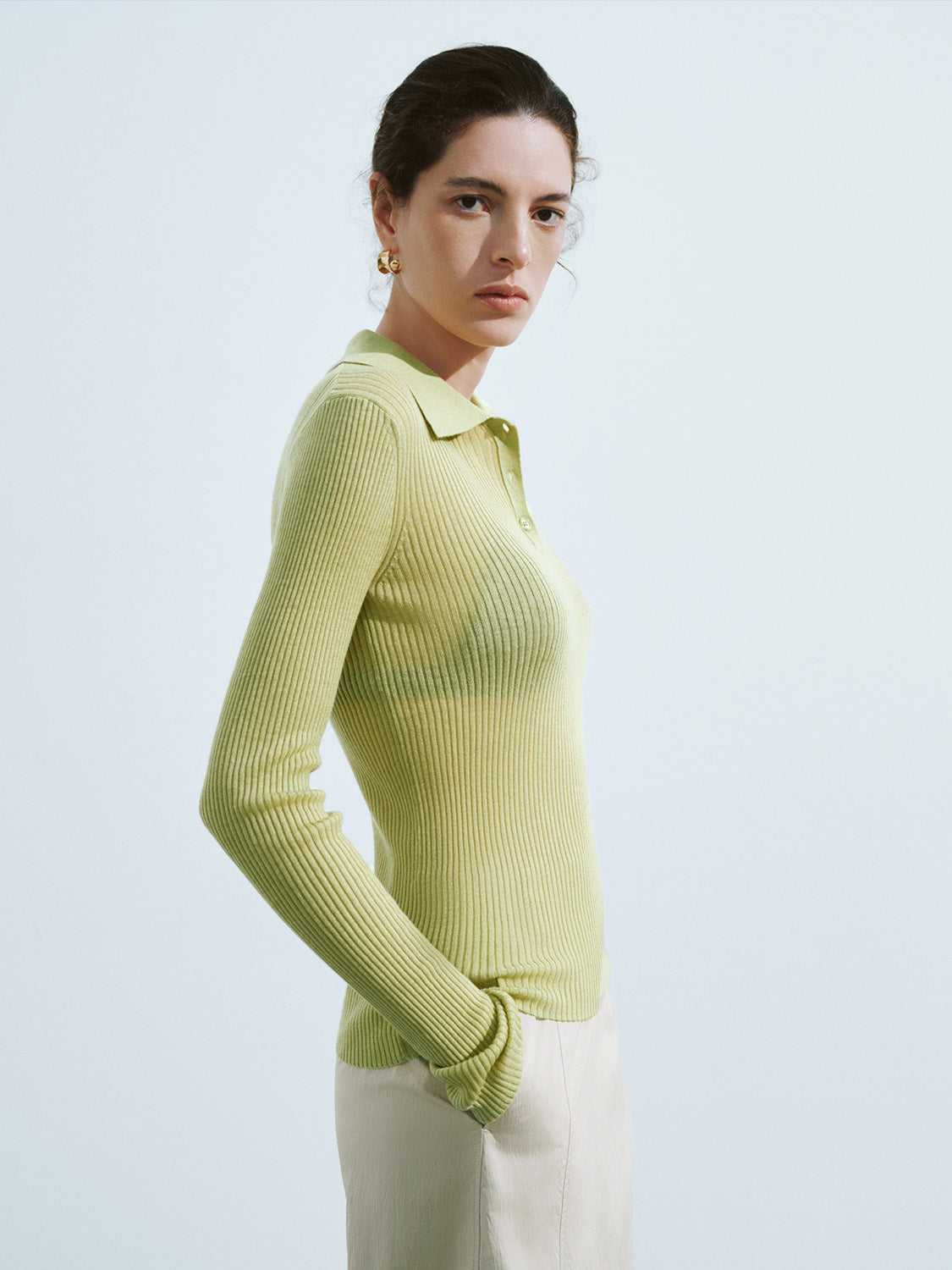 Button Half Placket Knitted Skinny T-Shirt