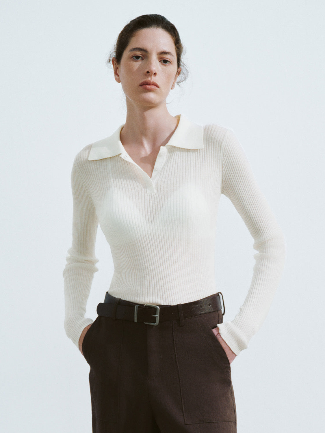 Button Half Placket Knitted Skinny T-Shirt