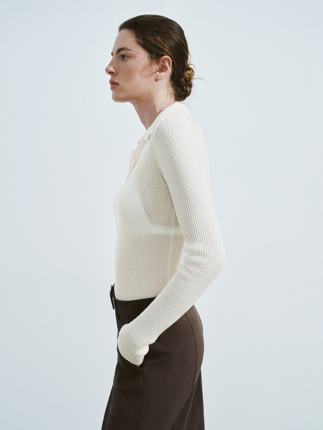 Button Half Placket Knitted Skinny T-Shirt