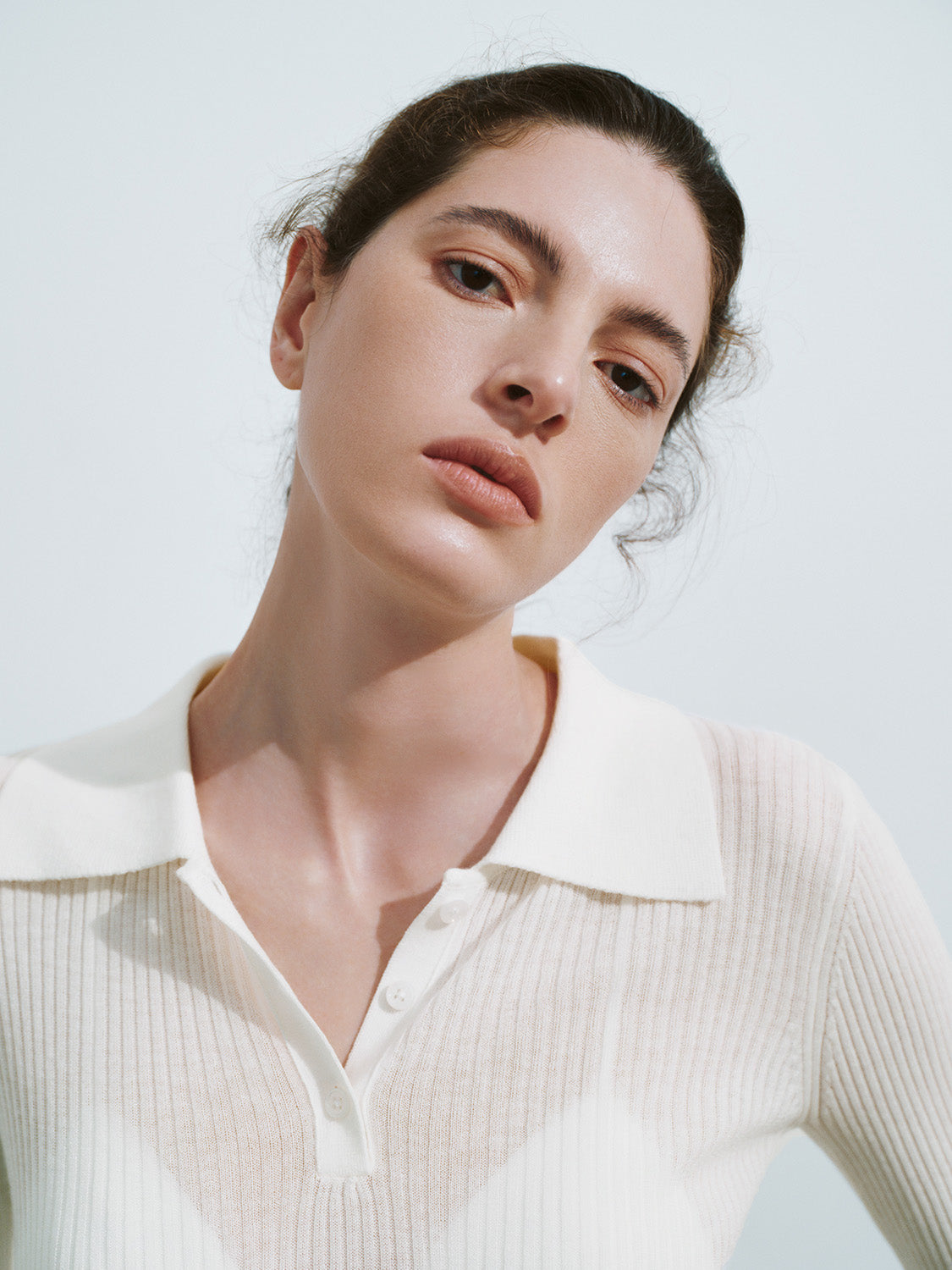 Button Half Placket Knitted Skinny T-Shirt