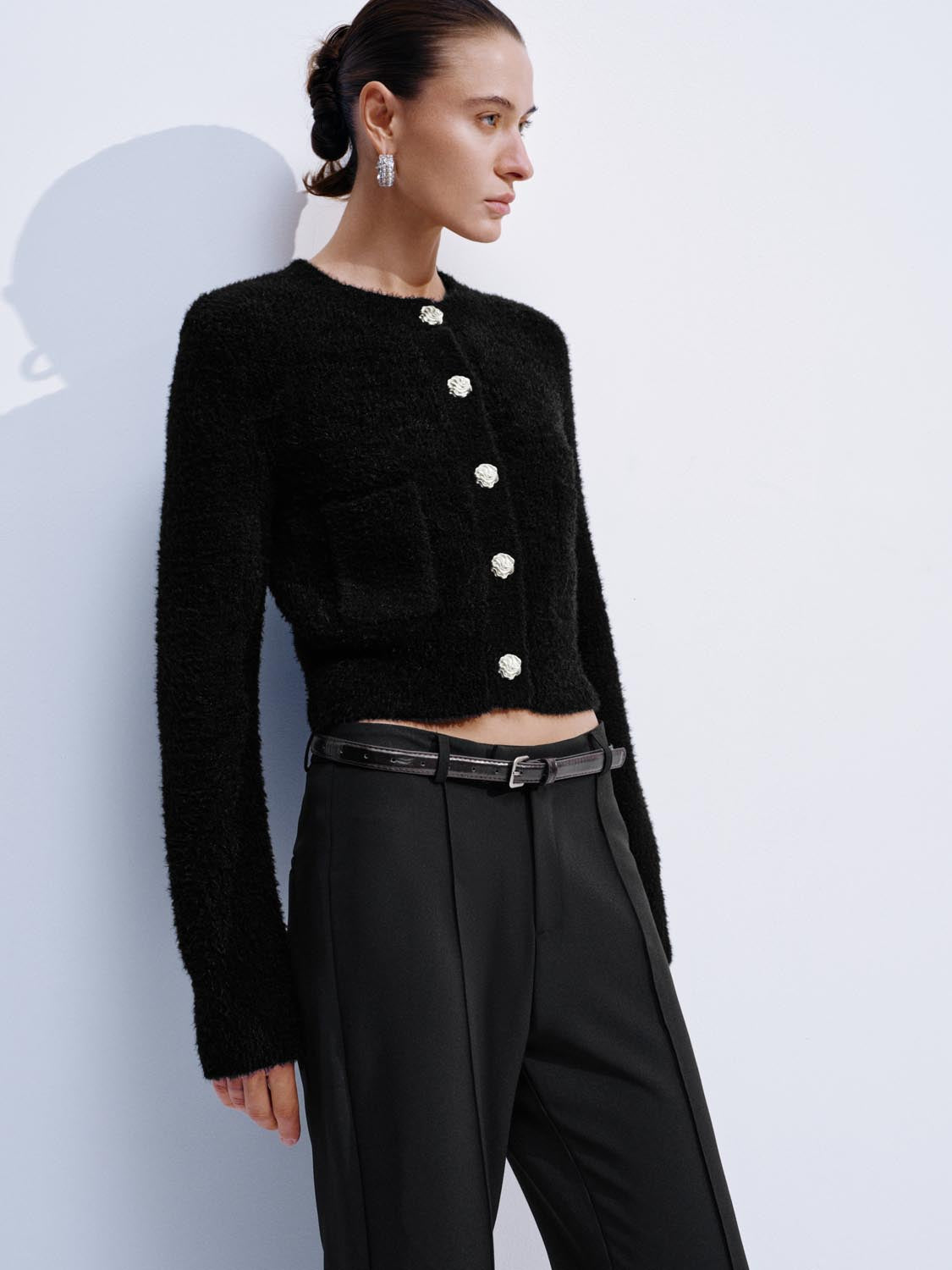 Fluffy Patch Pockets Knitted Cardigans