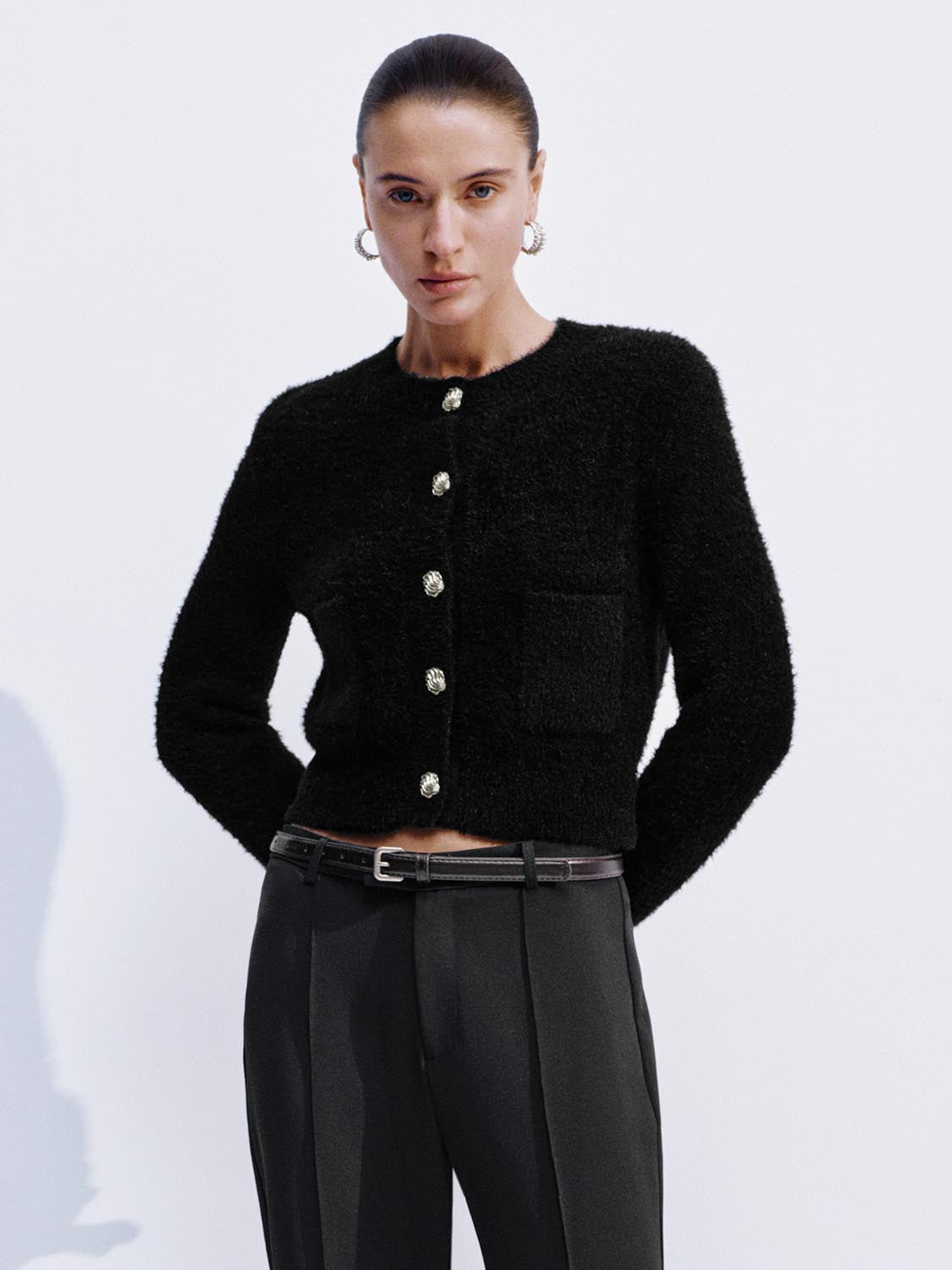 Fluffy Patch Pockets Knitted Cardigans