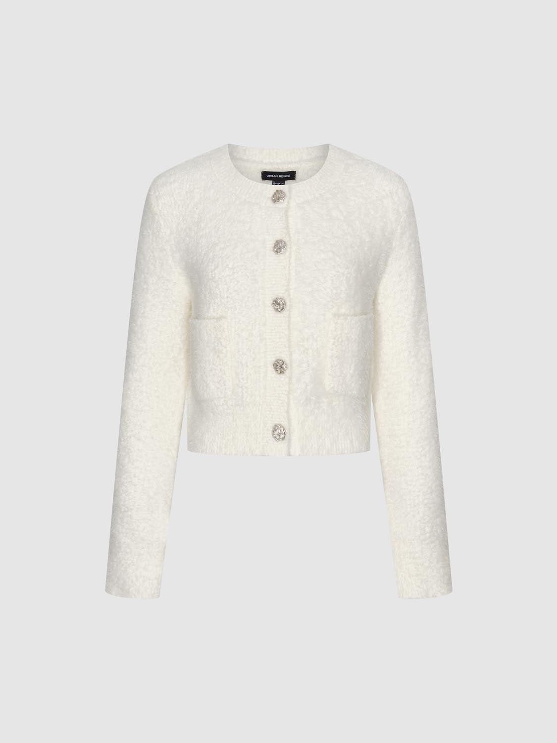 Fluffy Patch Pockets Knitted Cardigans