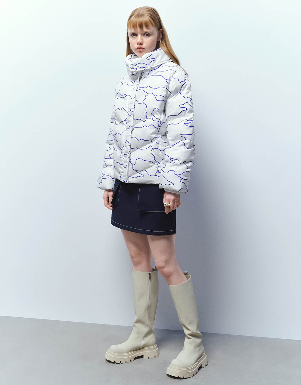 Stand Collar Printed Padded Coat